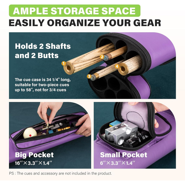 Чохол для більярдних київ: містка сумка для 2 київ з аксесуарами, фіолетовий колір, до 58 дюймів