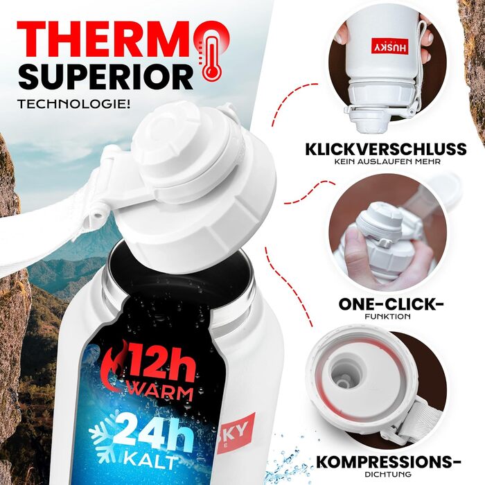 Термос HUSKY ICE 1.2 л із нержавіючої сталі, білий — пляшка для напоїв, подвійні стінки, термос, BPA-free, герметична, для спорту та активного відпочинку, з чохлом, підходить для миття в посудомийній машині