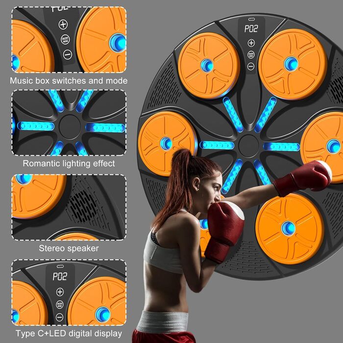 Музична боксерська машина Forhome з LED-підсвічуванням та рукавичками. 9 режимів швидкості, Bluetooth, великий розмір, для дому та спортзалу (чорний)