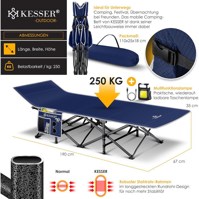 Кемпінгове ліжко KESSER®: стабільне розкладне ліжко для відпочинку на природі з сумкою, ліхтарем та кишенею. Максимальне навантаження 250 кг, матеріал: метал, оксфорд 600D, колір: темно-синій, розмір: 190 см