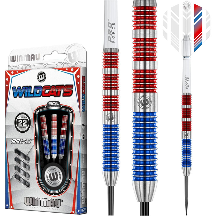 Дротики WINMAU Wildcats 90% вольфраму 22 г з оперенням та стрижнями, призматична технологія, точна вага