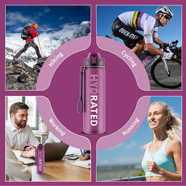 Спортивна пляшка для води 1л Tritan без BPA з трубочкою, з маркуванням часу та щіткою, для фітнесу, школи, йоги, активного відпочинку (1 шт., Рожевий)