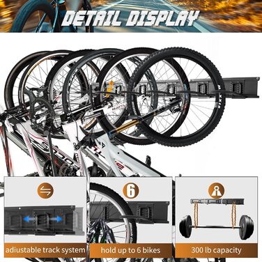 Настінна підставка для велосипедів на 6 велосипедів з гачками для шолома, вантажопідйомність 270 кг, 160 см