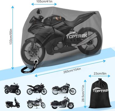 Водонепроникна мотоциклетна накидка Toptrek XXXL 210D Oxford, чорна (265 x 105 x 133 см)