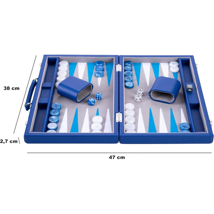Набір для гри в кістки Енгельхарт Люкс 38 см - преміум якість, шкірозамінник, спеціальне покриття з фільцу, перламутрові кубики та фішки + 2 стаканчики - професійний та для дому, блакитний