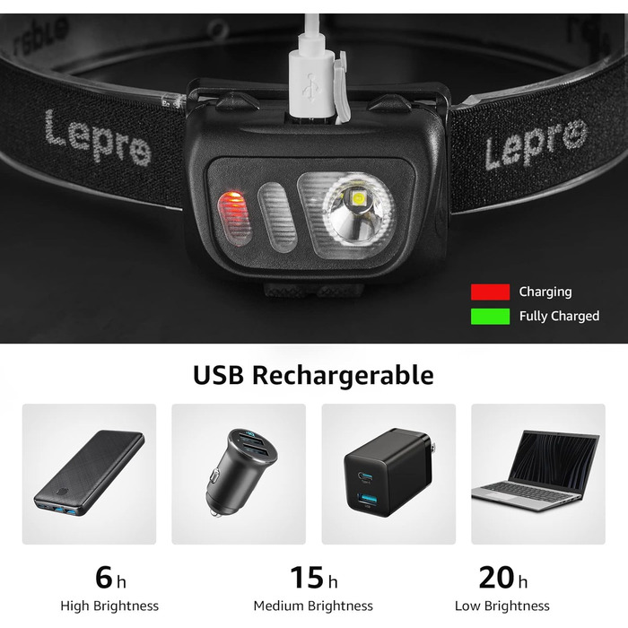 LED налобний ліхтар Lepro з USB-зарядкою, 800L, з датчиком жестів та червоним світлом, 5 режимів, водонепроникний, для бігу, риболовлі, кемпінгу (2 шт.)
