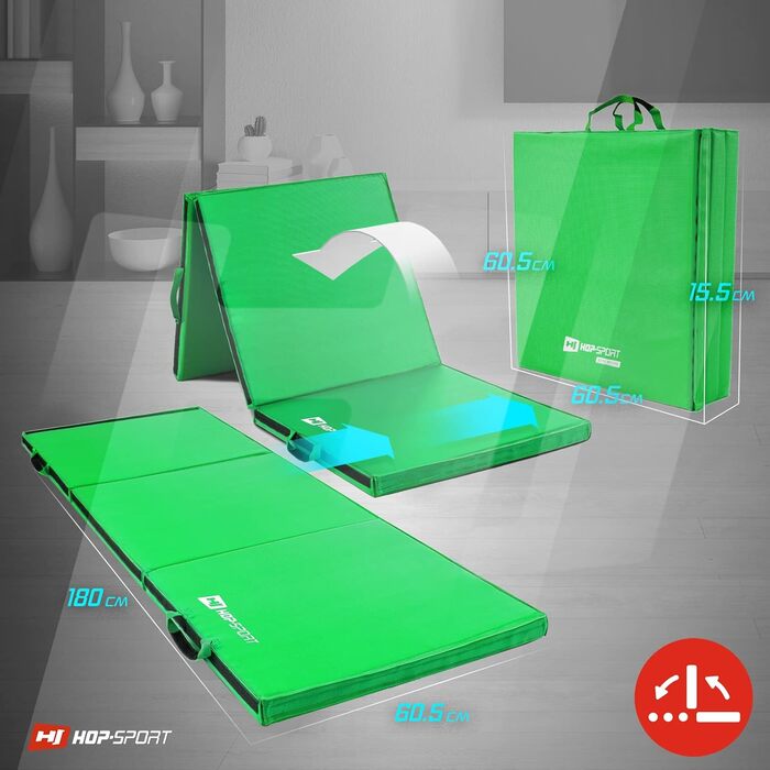 Складаний гімнастичний мат Hop-Sport 180x60x5 см з ручками та липучкою, товщина 4/5 см — килимок для фітнесу та домашніх тренувань
