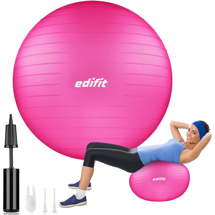 Гімнастичний м'яч EDIFIT 65 см рожевий для пілатесу, йоги, фітнесу, з насосом