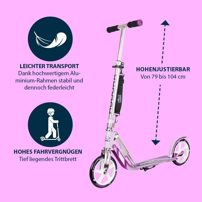 Самокат HUDORA BigWheel 205 для дітей і дорослих, складаний, регульована висота, з тросовим замком і ременем для перенесення, для міста, до 100 кг, від 6 років