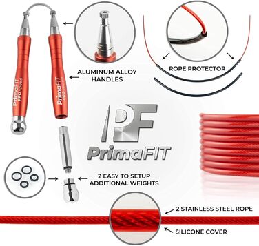 Скакалка PrimaFIT для дорослих 3м, регульована з обважнювачами, 2 підшипники, антиковзні ручки, сталева мотузка, для боксу, MMA, кросфіту, з чохлом, червона
