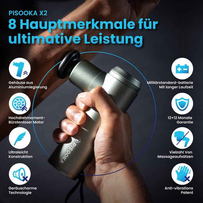 Масажер PISOOKA X2 Mini - безшумний масажний пістолет з 4 насадками для спини, плечей та ніг. 4200 RPM, 0,5 кг, USB-C, чорний