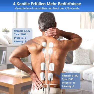 Пристрій TENS/EMS Comfytemp K6106 з 4 каналами та 8 електродами для терапії болю та масажу, 24 режими, 10 електродів