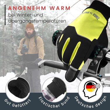 Велосипедні рукавички чоловічі зимові, вітронепроникні, водостійкі, утеплені, з підкладкою, з антиковзаючою поверхнею, терморукавички, чорні (S, жовтий)