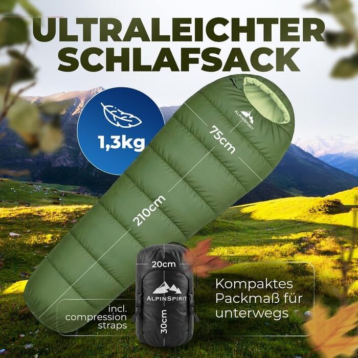 Спальний мішок 3 сезони (літо/зима) Ultraleicht 210x75 см, зелений - для кемпінгу, хайкінгу, фестивалів