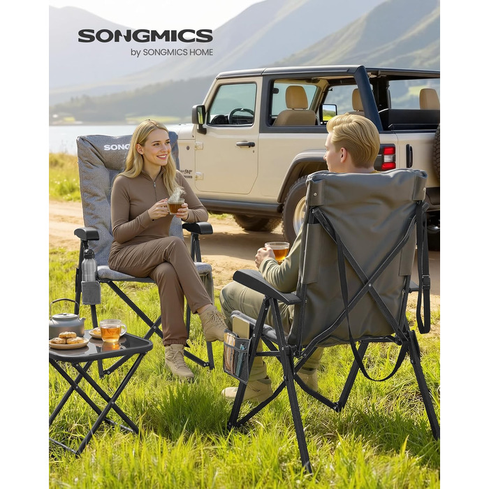 Складаний туристичний стілець SONGMICS для відпочинку та риболовлі, сірий, з регульованою спинкою та кишенями