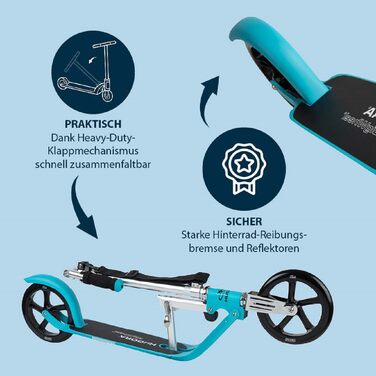 Самокат HUDORA BigWheel 205 з тросовим замком, складаний, регульована висота, з ременем для перенесення, для дітей і дорослих від 6 років, міський, до 100 кг