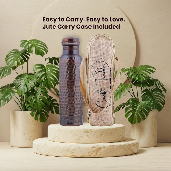 Фляга для води з міді, 1000 мл, античний дизайн, з кришкою та сумкою. Ідеально для офісу та йоги. (1 шт.)