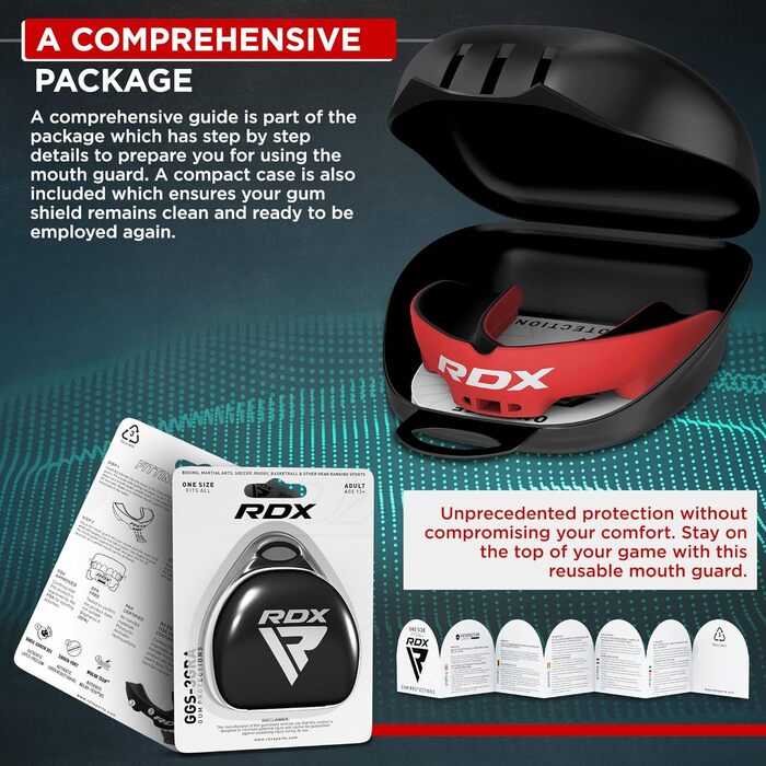 Капа для спорту RDX, захист зубів для бойових мистецтв, MMA, кікбоксинг, хокей, футбол, муай-тай, регбі. Зручна коробка для зберігання. Для дорослих (від 12 років). Червоний колір.