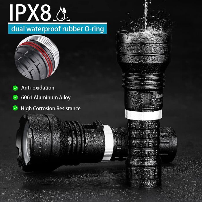 LED-ліхтар для дайвінгу WholeFire XHP70, 10000 люменів, IPX8, 50м, водонепроникний, з акумулятором та зарядним пристроєм