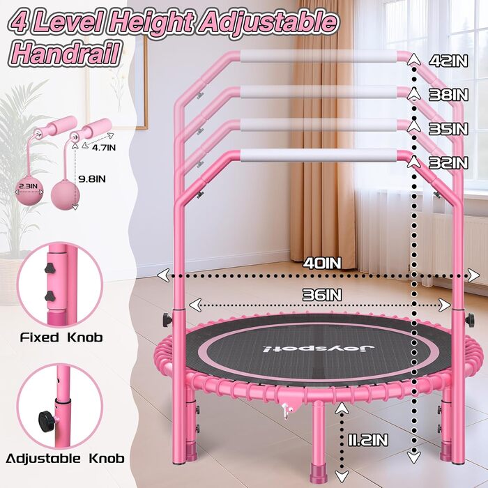 Міні-батут для фітнесу JOY SPOT! Ø102 см, складний, з пружинами та регульованою ручкою, вантажопідйомність 204 кг, для дому та вулиці, з скакалкою