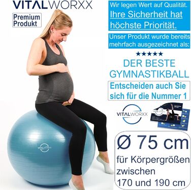 Гімнастичний м'яч VITALWORXX для вагітних 65 см, синій, з насосом та вправами, стійкий фітбол для йоги, здоров'я та пологів