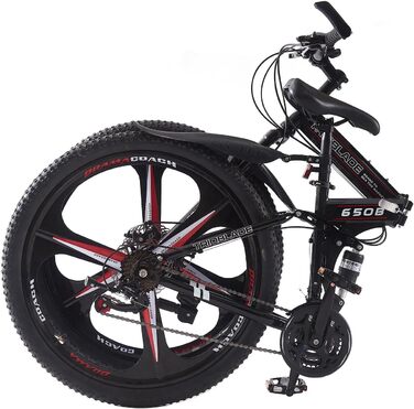 Складаний гірський велосипед MTB 24 дюйми, 21-швидкісна передача Shimano, двосторонній амортизатор, легка рама, спортивний велосипед для дорослих (Чорно-червоний)