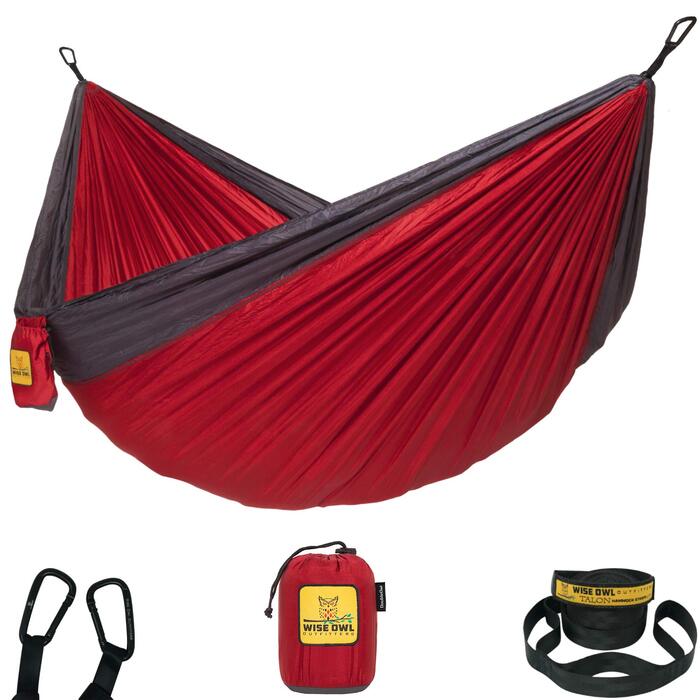 Гамак Wise Owl Outfitters для 1 особи, подвійний (червоно-антрацитовий) - легкий туристичний гамак до 180 кг з кріпленням та карабінами для кемпінгу