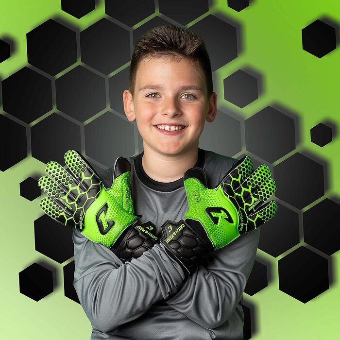 Воротарські рукавиці дитячі CATCH & KEEP Kralle Junior Pro 3.0 Dragon Grip (Розмір 3-7) - Зелені, з підтримкою великого пальця