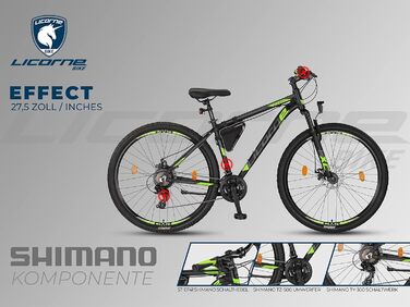 Гірський велосипед Licorne Effect Premium, алюмінієва рама, дискові гальма, 21 швидкість, для хлопців і дівчат, 27.5 дюйма, чорний/лайм