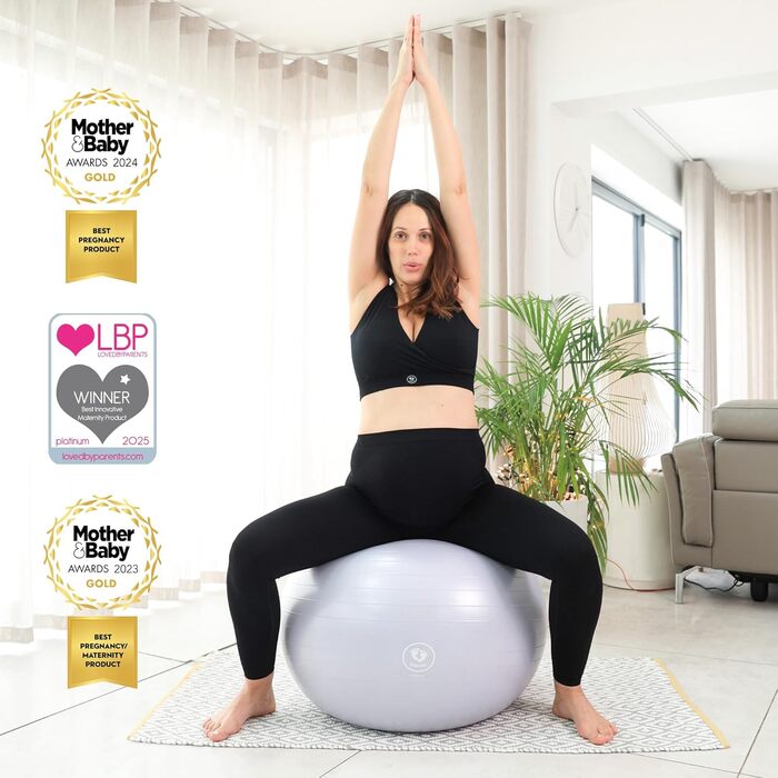 М'яч для пологів BABYGO – для вагітності, йоги, фізіотерапії та тренувань. Комплект з книгою. Підходить для всіх трьох триместрів. Плани пологів та відновлення. Екологічний, антивибуховий (Pearl, 65 см)