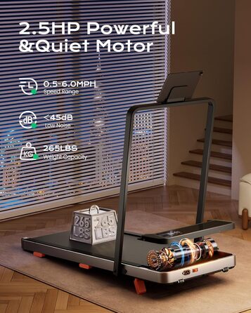 Біговий доріжка з нахилом для дому та офісу, 2.5 PS, портативна під стіл, вантажопідйомність 120 кг, з пультом керування, LED-дисплеєм, колір сріблястий