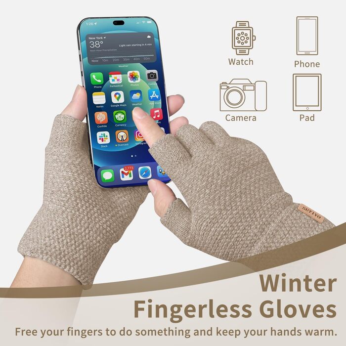 Рукавички без пальців SUTIYO для чоловіків та жінок, кашемірове в'язання, теплі, для водіння, їзди на велосипеді, спорту (бежеві)