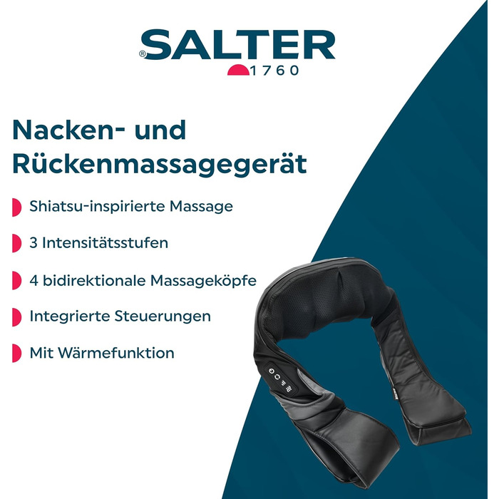 Масажер для шиї Salter EE6934BLKSTKEU7 з підігрівом, шиацу, 3 рівні інтенсивності, 4 масажні головки, проти болю в шиї, плечах і спині, UK/EU-штекер