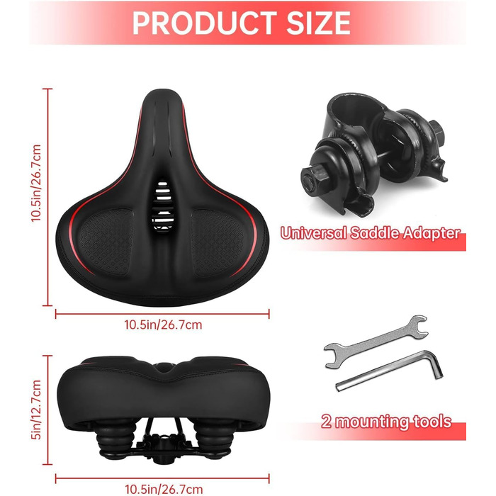 Широке велосипедне сідло з пам'яті ефекту для жінок та чоловіків, чорне/червоне. Зручне, водонепроникне, дихаюче, з інструментами. Підходить для міських велосипедів, шосе, MTB, круїзерів, велотренажерів.