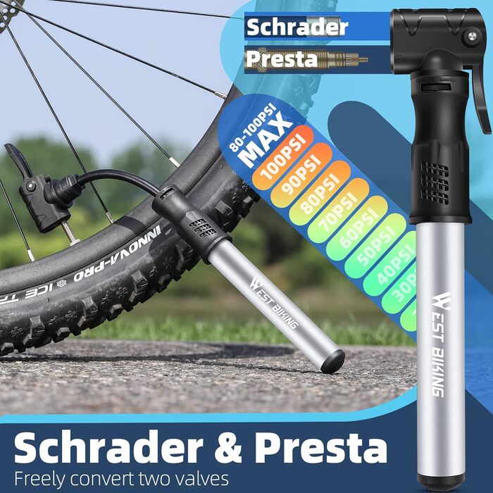 Міні-насос для велосипеда West Biking - алюмінієвий насос для всіх типів вентилів, портативний, швидка накачка, легкий, для MTB, шосе, м'ячів