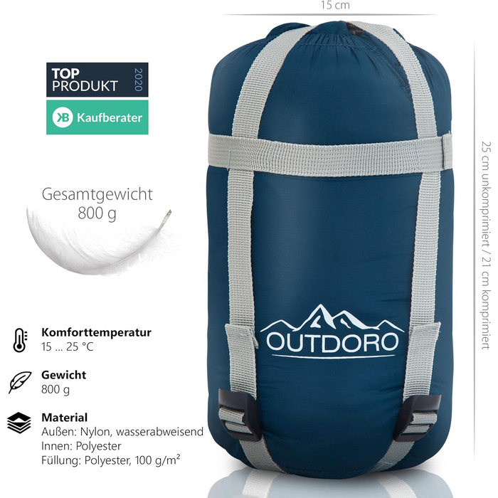 Сплячий мішок Outdoro 800g - легкий та компактний - для літа, чоловічий/жіночий, блакитний (ліва блискавка)
