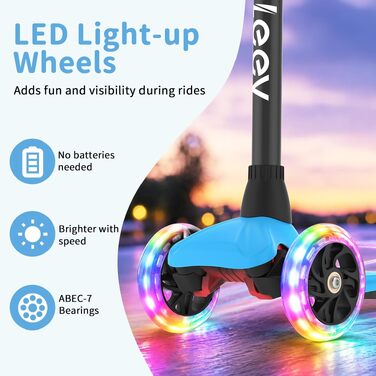 Дитячий самокат BELEEV з LED-колесами для дітей від 2 до 6 років, 3-колісний, регульована висота, система Lean-to-Steer, до 50 кг, синій