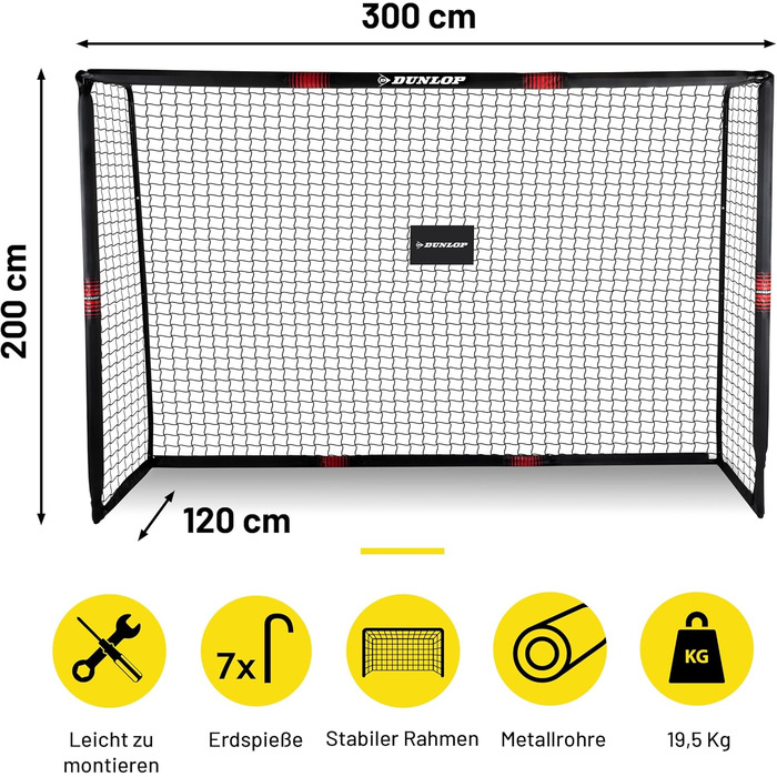 Футбольні ворота Dunlop 300x200x120 см для саду, для дітей та дорослих, металеві, чорні/червоні, для тренувань у приміщенні та на вулиці