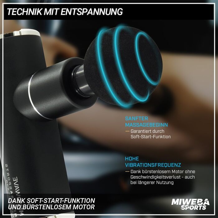 Масажний пістолет Miweba Sports MM10, 4 насадки, 4 режими, кейс, чорний