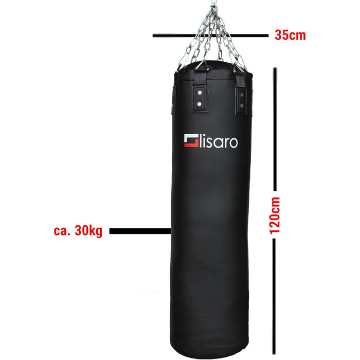 Боксерський мішок Lisaro Premium 120x35 см, 30 кг, наповнений/порожній, для боксу, MMA та єдиноборств, з 6-точковим сталевим ланцюгом, чорний/білий