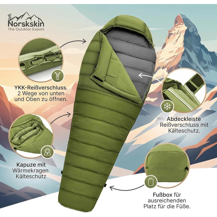 Спальний мішок Mumienschlafsack Norskskin Ultralight 205 Grün - екстремальний (-6°C), з'єднуваний, з кишенею для подушки, правий блискавка