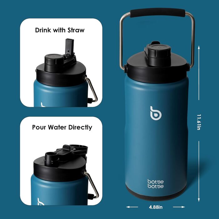 Термос пляшка BOTTLE BOTTLE 1.8 л з трубочкою, пігулочницею, ручкою та кришкою, з нержавіючої сталі для спорту та подорожей, темно-синя