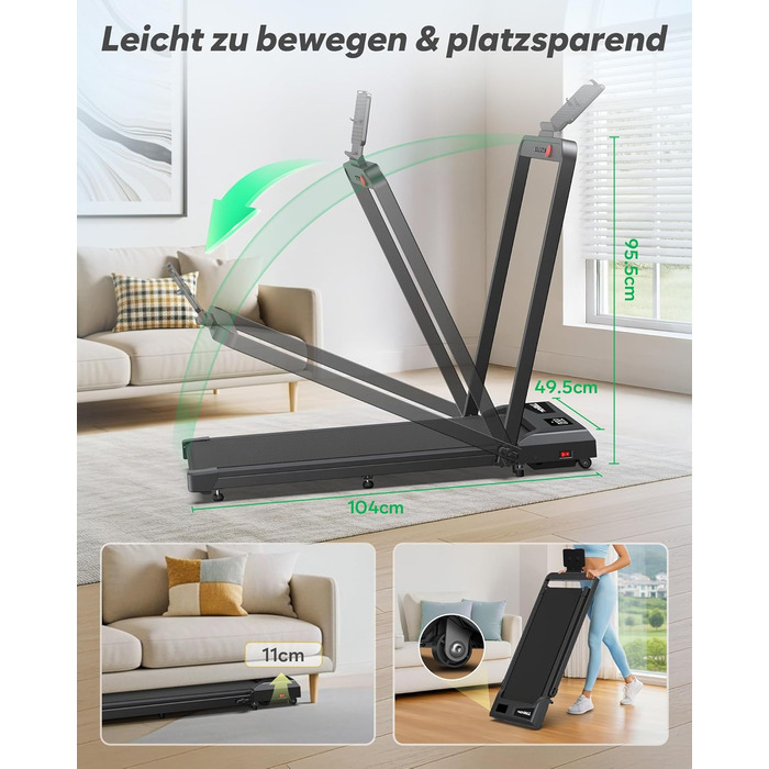 Тренажер для дому 2-в-1 Laufband Klappbar: складаний біговий килимок з нахилом 10%, потужність 3.0PS, LED-дисплей, для дому та офісу, до 145 кг, чорний з ручками