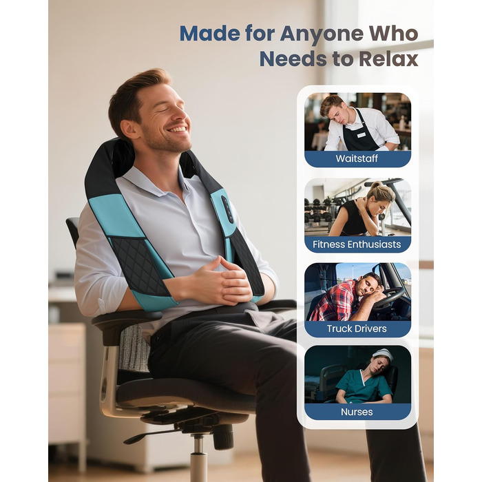 Масажер для шиї COMFIER бездротовий Shiatsu з підігрівом, 3D глибокий масаж, для шиї, спини, попереку, подарунок для жінок та чоловіків, блакитно-чорний