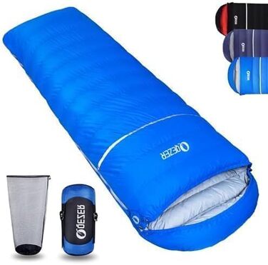Сплячий мішок пуховий, 4-сезонний, зимовий -3°C до -20°C. Підходить для кемпінгу, походів та відпочинку на природі для дорослих та дітей. Чорний та блакитний кольори.