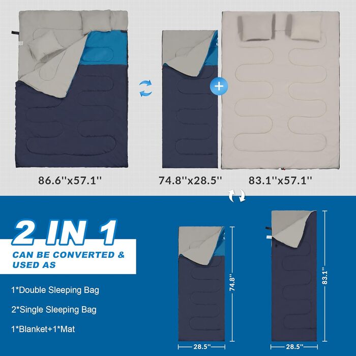 Спальний мішок Elevon для дорослих, підлітків та дітей, для холодної та теплої погоди, водонепроникний, легкий, компактний, з компресійним мішком, для 3-4 сезонів, кемпінг, подорожі, 1 особа, зелений (2 особи, темно-синій)