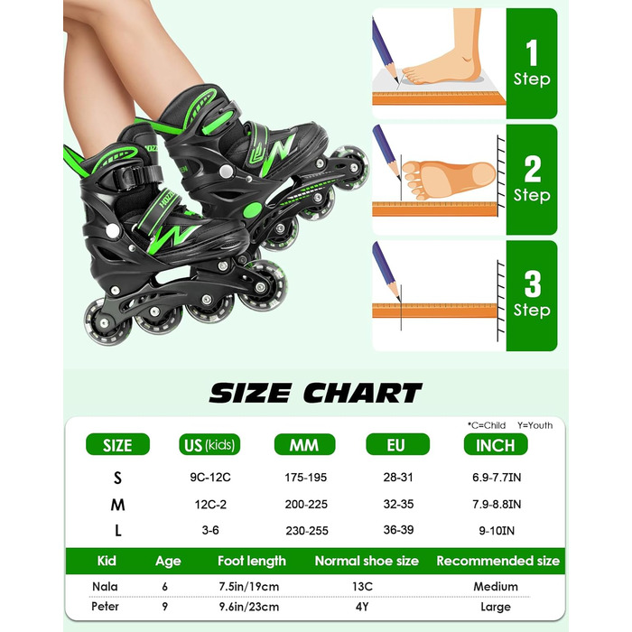 Роликові ковзани Hozzen для дітей, регульовані, ролики для дівчаток та хлопчиків, ролики з колесами, що світяться в темряві, ролики для використання в приміщенні та на вулиці, чорно-зелені