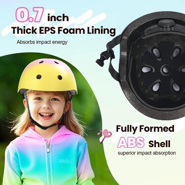 Набір Kinderhel 7-в-1: наколінники, налокітники, захист зап'ястя та шлем для скейтбордингу, велосипеда, самокату (S, жовто-рожево-зелений)