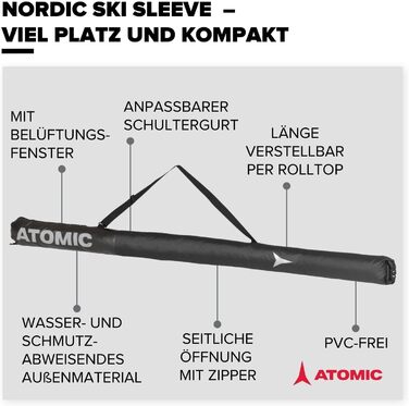 Чохол для лиж ATOMIC Nordic Ski Sleeve, водонепроникний, регульований, для бігових лиж та палиць, чорний