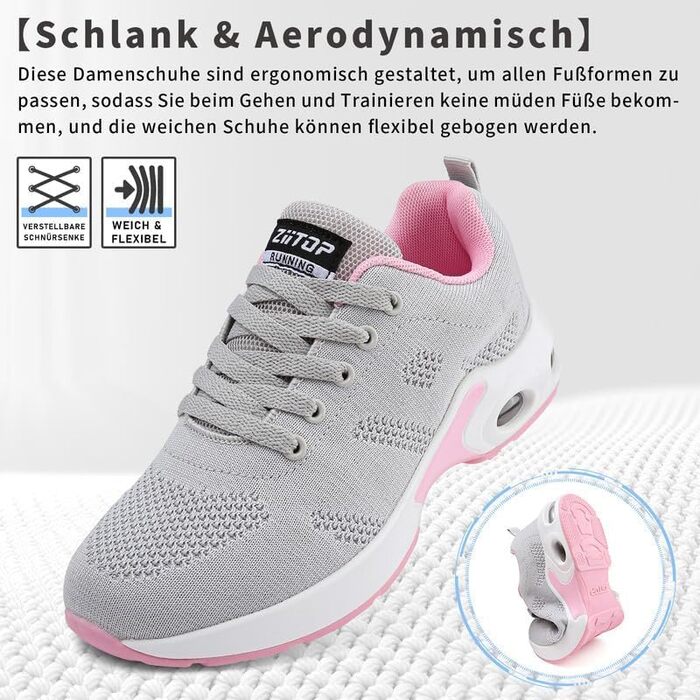 Жіночі кросівки для бігу та ходьби: спортивні, дихаючі, з ортопедичною підтримкою, підошва з повітряною подушкою, для залу та вулиці, сірі та рожеві, розмір 38 EU